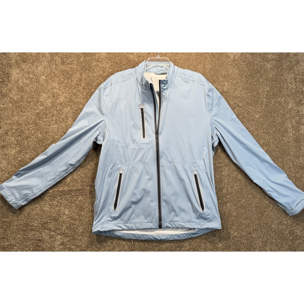 Above The Links Jacket Mens Size Large Rain Windbreaker Blue Full Zip Small Flaw